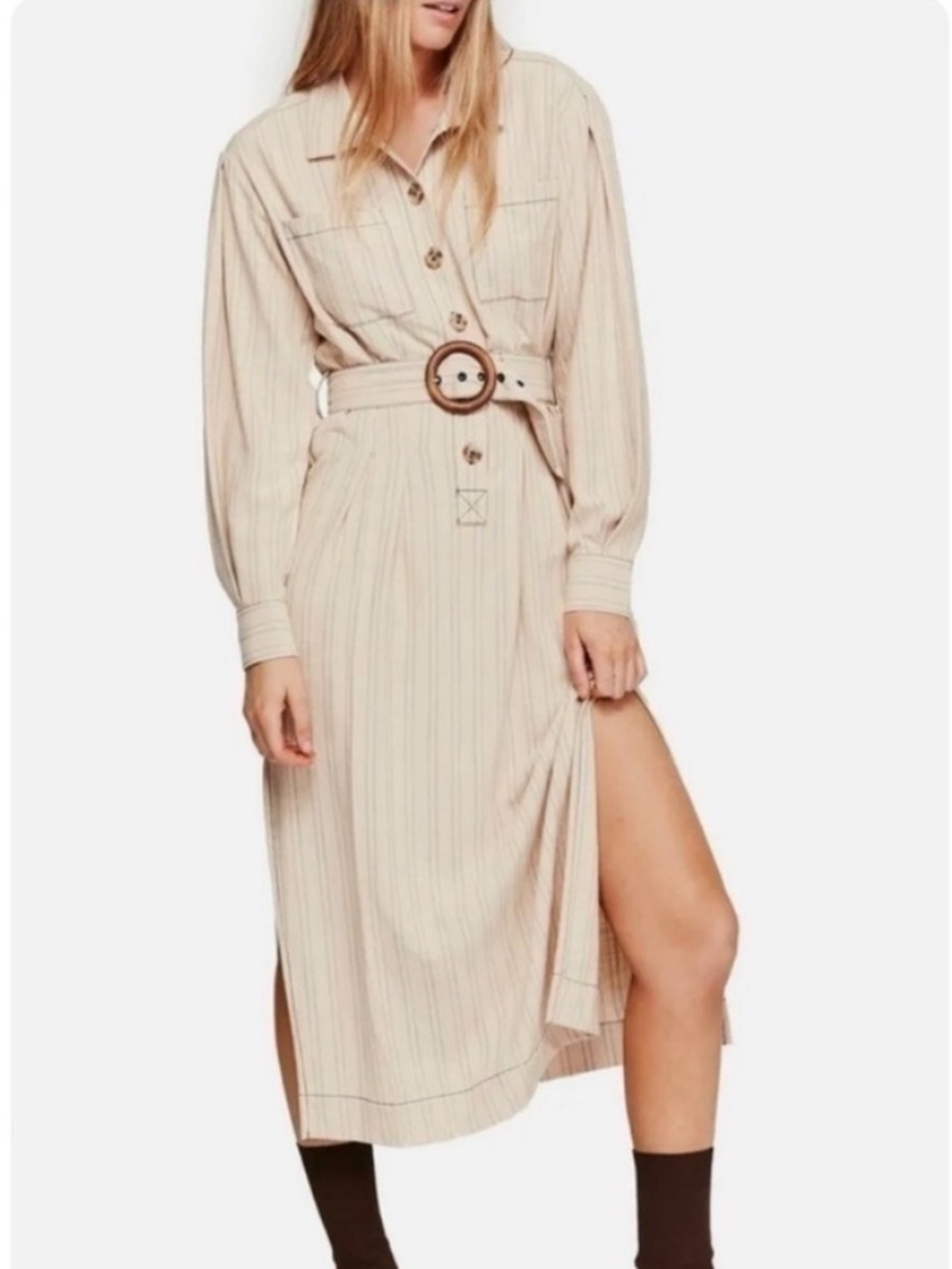 Free People Aubrey Belted Striped Midi Shirtdress Khaki Combo Boho
